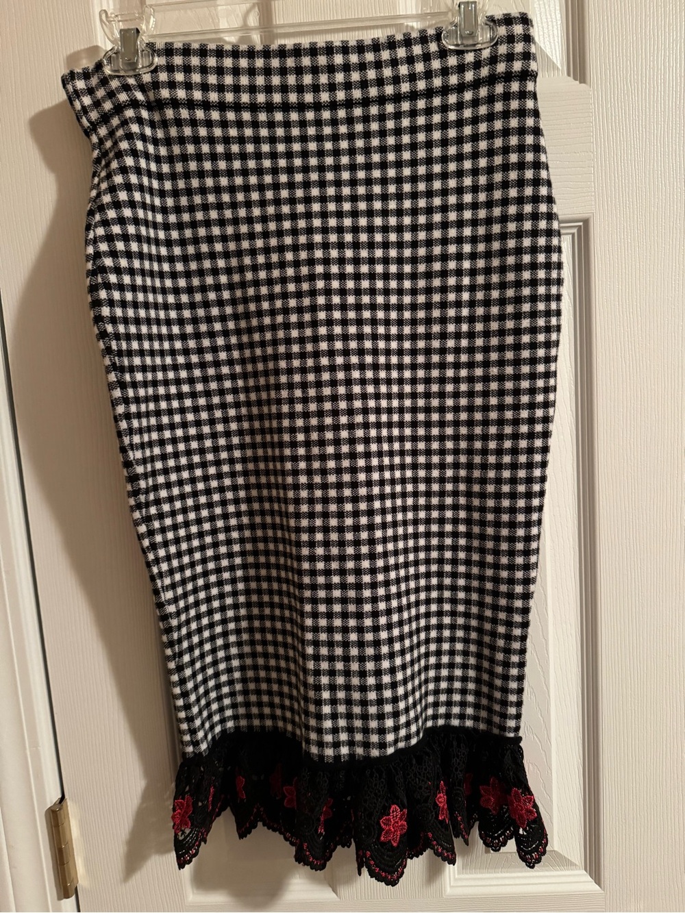 New York & Company Black and White Gingham Pencil Skirt with Lace Hem